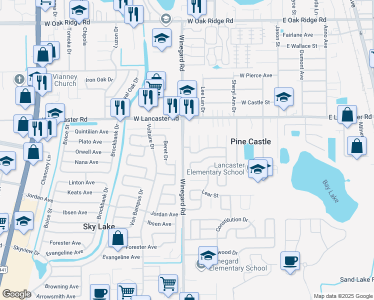 map of restaurants, bars, coffee shops, grocery stores, and more near 6703 Winegard Road in Orlando
