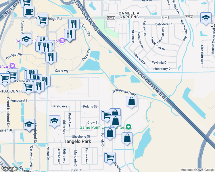 map of restaurants, bars, coffee shops, grocery stores, and more near 7312 Kingspointe Parkway in Orlando