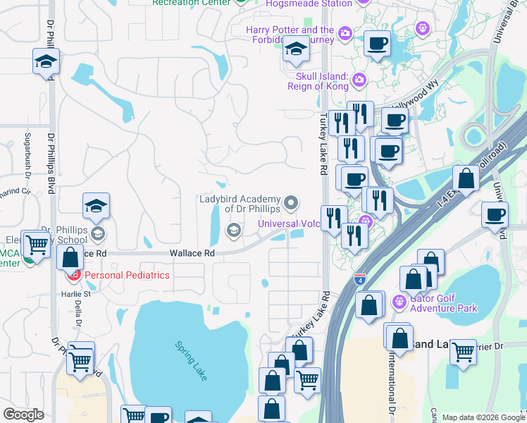 map of restaurants, bars, coffee shops, grocery stores, and more near 6855 Sperone Street in Orlando