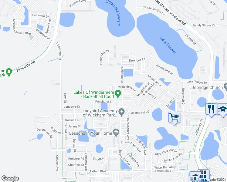 map of restaurants, bars, coffee shops, grocery stores, and more near 6922 Corley Avenue in Windermere