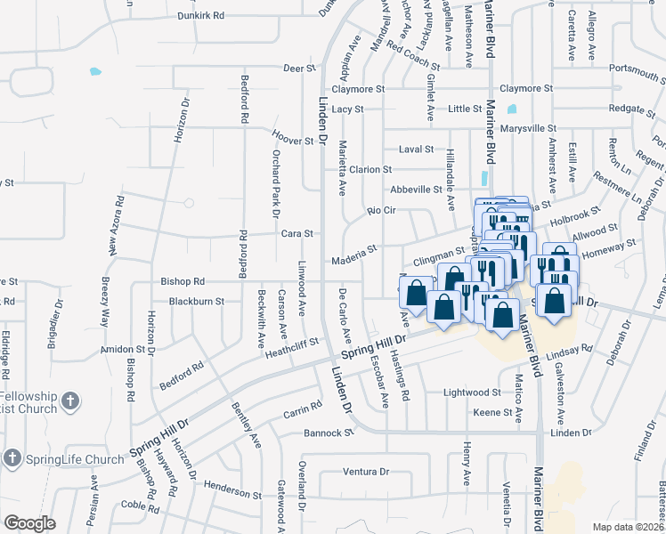 map of restaurants, bars, coffee shops, grocery stores, and more near 2400 Bishop Road in Spring Hill