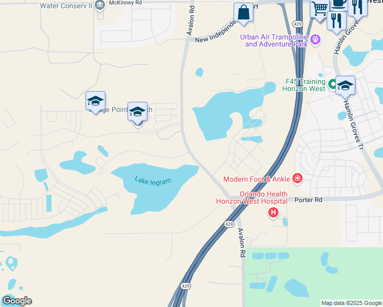 map of restaurants, bars, coffee shops, grocery stores, and more near 6945 Avalon Road in Winter Garden