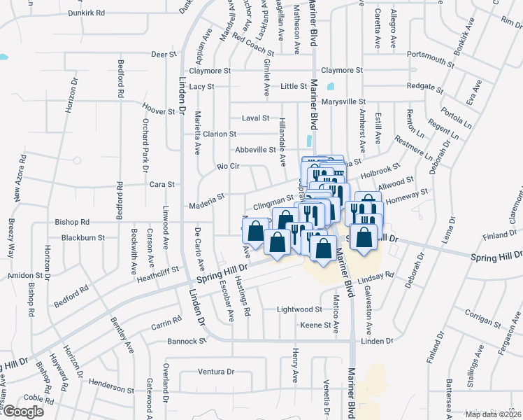map of restaurants, bars, coffee shops, grocery stores, and more near 10458 Clingman Street in Spring Hill
