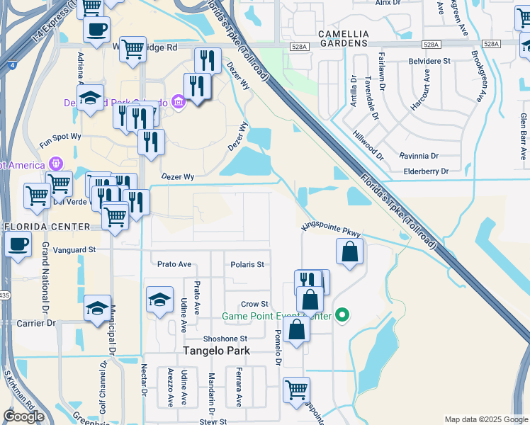 map of restaurants, bars, coffee shops, grocery stores, and more near 7312 Kingspointe Parkway in Orlando