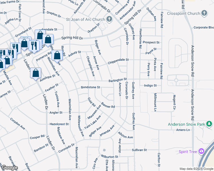 map of restaurants, bars, coffee shops, grocery stores, and more near 13459 Tune Lane in Spring Hill