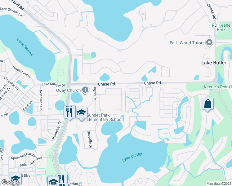 map of restaurants, bars, coffee shops, grocery stores, and more near 17520 Black Rail Street in Windermere