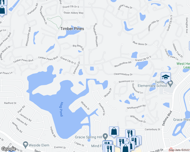map of restaurants, bars, coffee shops, grocery stores, and more near 7264 Bottle Brush Drive in Spring Hill