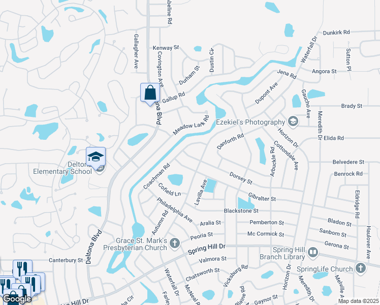map of restaurants, bars, coffee shops, grocery stores, and more near 8347 Dorsey Street in Spring Hill