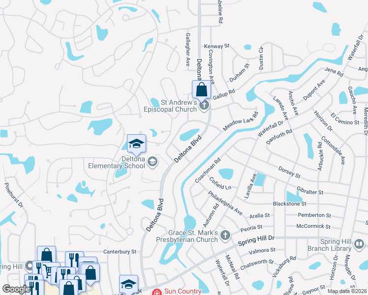 map of restaurants, bars, coffee shops, grocery stores, and more near 2169 Deltona Boulevard in Spring Hill