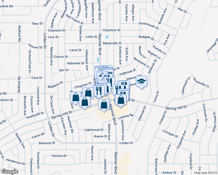 map of restaurants, bars, coffee shops, grocery stores, and more near 2154 Mariner Boulevard in Spring Hill