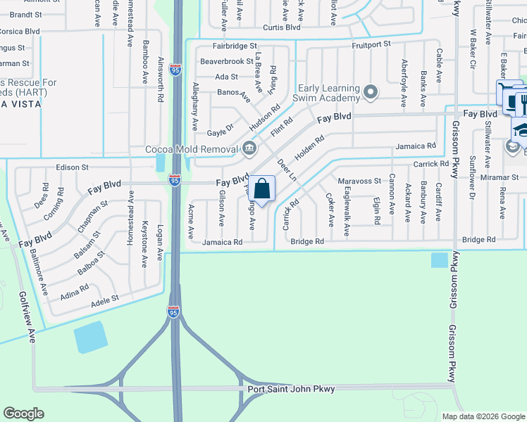 map of restaurants, bars, coffee shops, grocery stores, and more near 5578 Jamaica Road in Cocoa