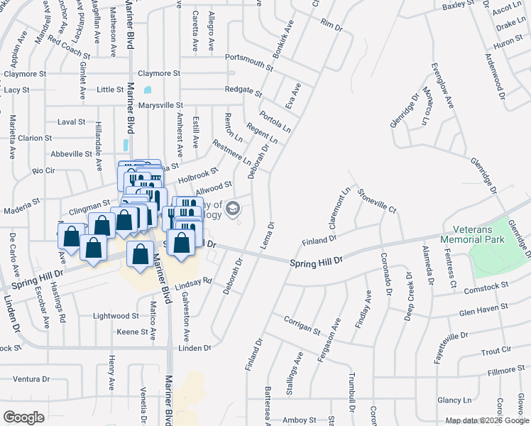 map of restaurants, bars, coffee shops, grocery stores, and more near 2158 Lema Drive in Spring Hill