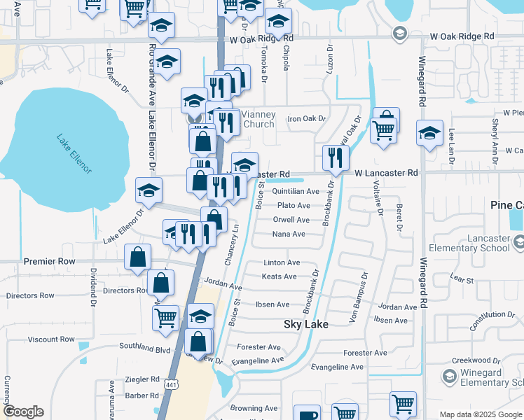 map of restaurants, bars, coffee shops, grocery stores, and more near 1210 Plato Avenue in Orlando