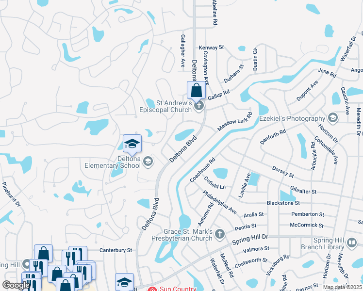 map of restaurants, bars, coffee shops, grocery stores, and more near 2169 Deltona Boulevard in Spring Hill