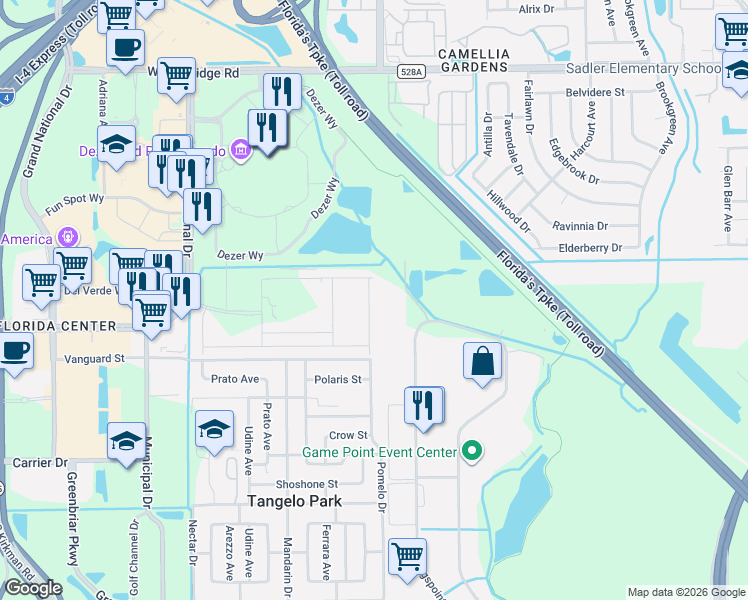 map of restaurants, bars, coffee shops, grocery stores, and more near 7312 Kingspointe Parkway in Orlando