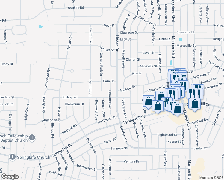 map of restaurants, bars, coffee shops, grocery stores, and more near 2145 Linwood Avenue in Spring Hill