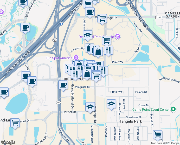 map of restaurants, bars, coffee shops, grocery stores, and more near 5425 Del Verde Way in Orlando