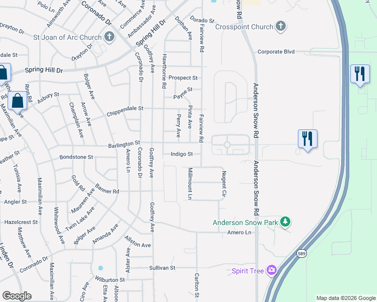 map of restaurants, bars, coffee shops, grocery stores, and more near 14186 Barlington Street in Spring Hill