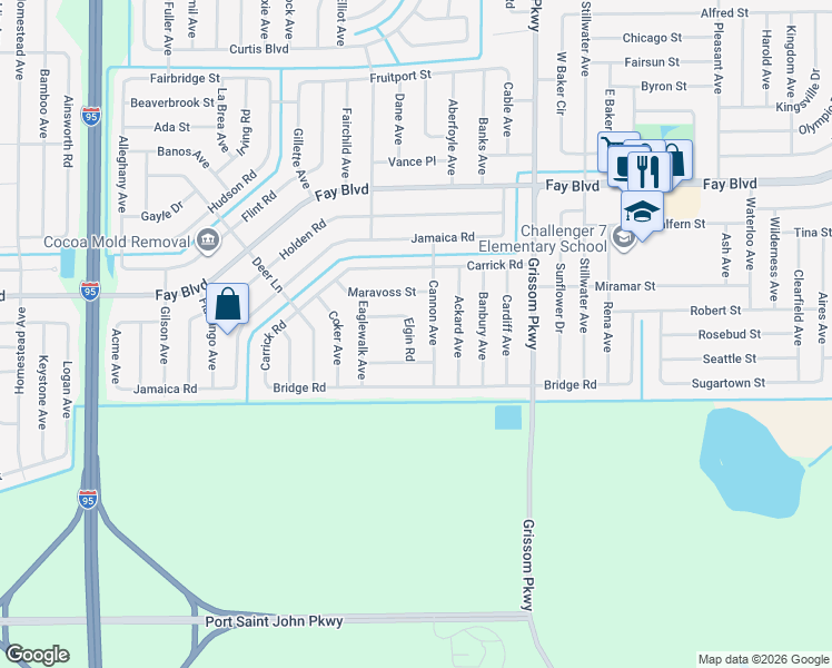 map of restaurants, bars, coffee shops, grocery stores, and more near 6050 Elgin Road in Cocoa