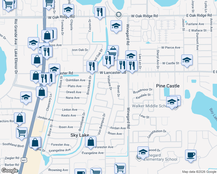 map of restaurants, bars, coffee shops, grocery stores, and more near 6335 Voltaire Drive in Orlando