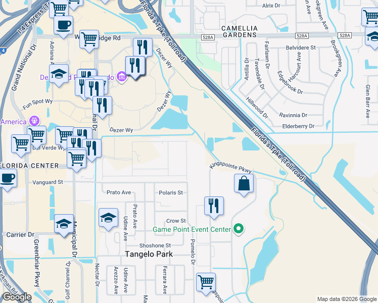 map of restaurants, bars, coffee shops, grocery stores, and more near 7312 Kingspointe Parkway in Orlando