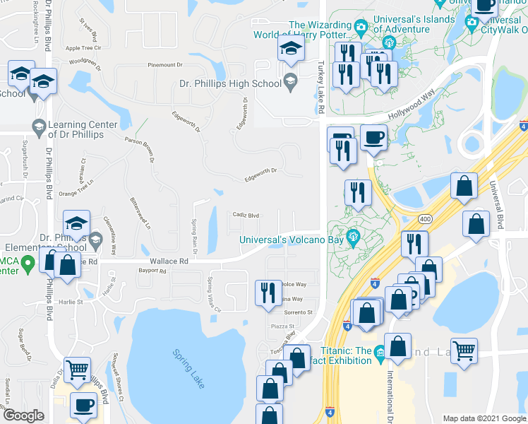 map of restaurants, bars, coffee shops, grocery stores, and more near 6905 Cadiz Boulevard in Orlando