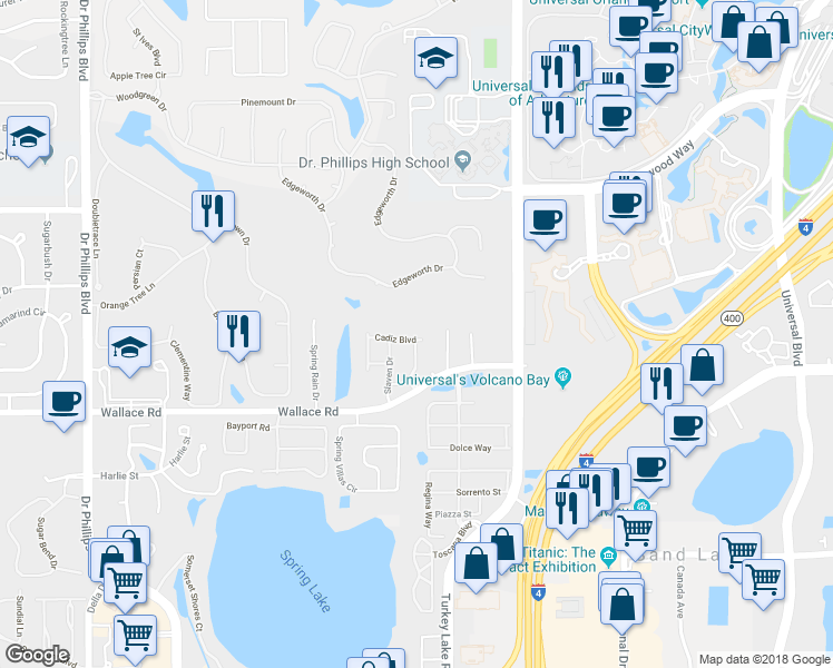map of restaurants, bars, coffee shops, grocery stores, and more near 6905 Cadiz Boulevard in Orlando