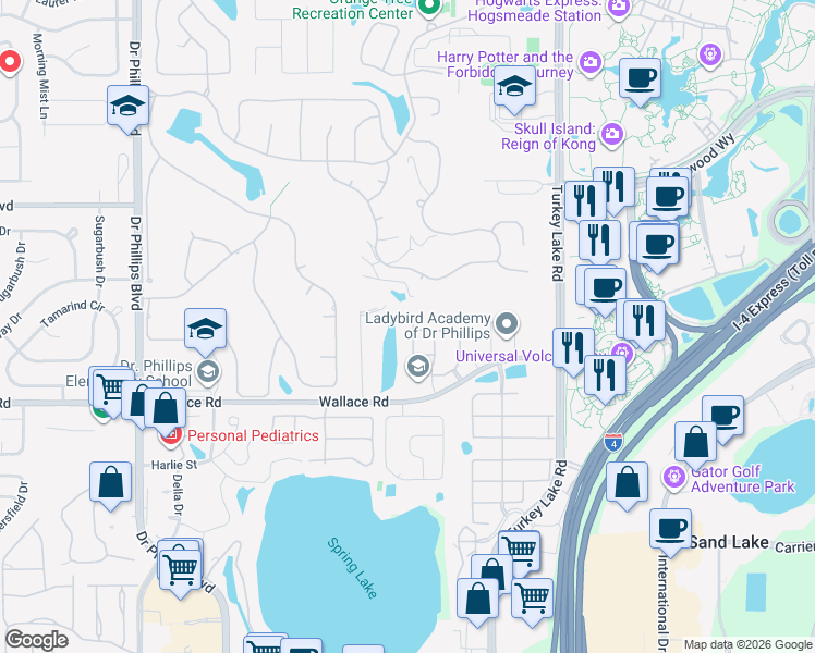 map of restaurants, bars, coffee shops, grocery stores, and more near 6709 Spring Rain Drive in Orlando