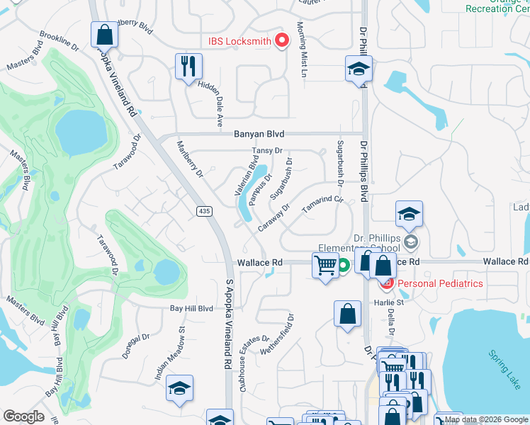 map of restaurants, bars, coffee shops, grocery stores, and more near 6735 Pampus Drive in Orlando
