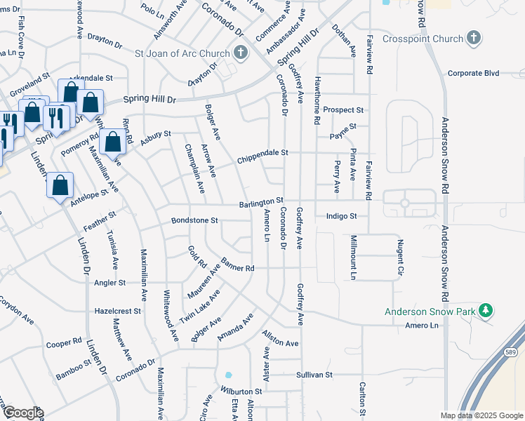 map of restaurants, bars, coffee shops, grocery stores, and more near 14006 Amero Lane in Spring Hill