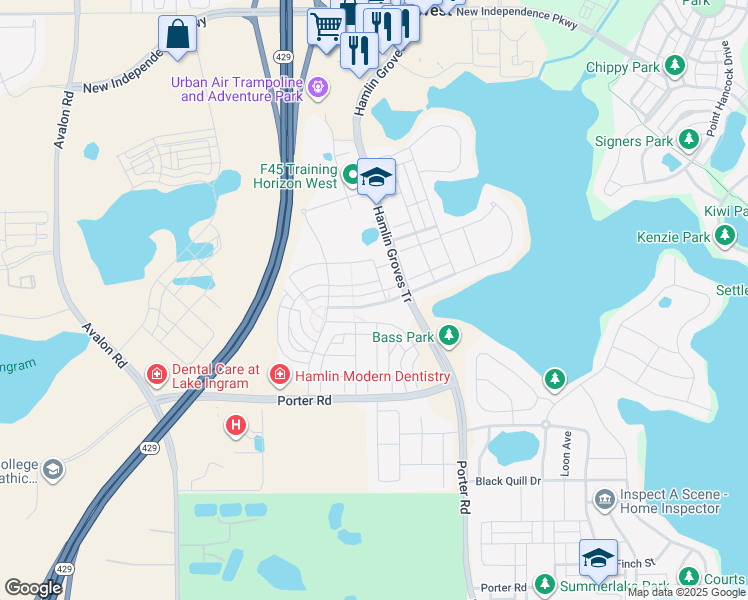 map of restaurants, bars, coffee shops, grocery stores, and more near 15236 Honeybell Drive in Winter Garden