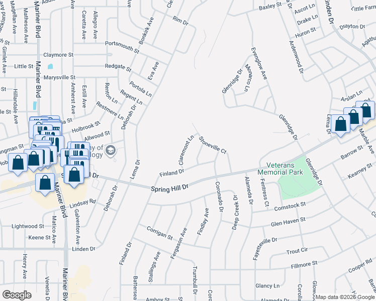 map of restaurants, bars, coffee shops, grocery stores, and more near 2230 Claremont Lane in Spring Hill