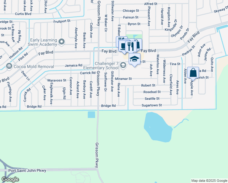 map of restaurants, bars, coffee shops, grocery stores, and more near 6011 Stillwater Avenue in Cocoa