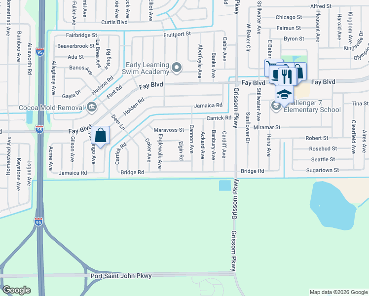map of restaurants, bars, coffee shops, grocery stores, and more near 6050 Elgin Road in Cocoa