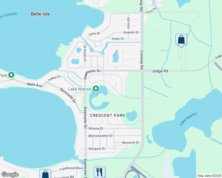 map of restaurants, bars, coffee shops, grocery stores, and more near 6851 Lunar Lane in Orlando