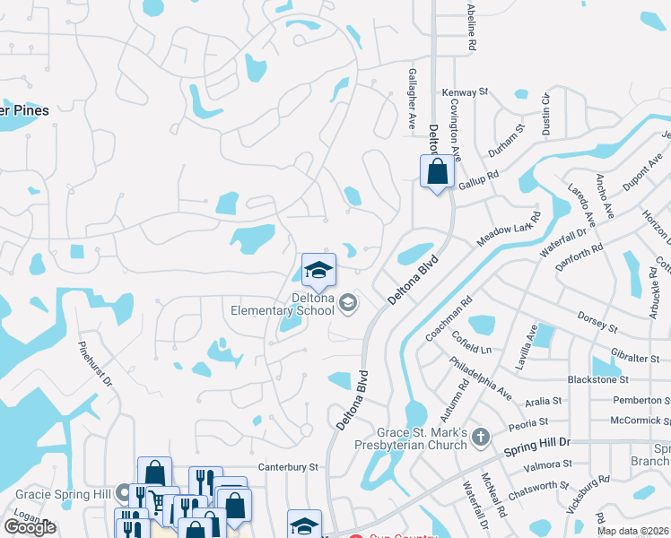 map of restaurants, bars, coffee shops, grocery stores, and more near 2111 Terrace View Lane in Spring Hill