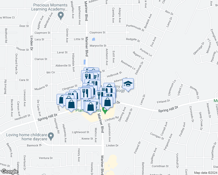 map of restaurants, bars, coffee shops, grocery stores, and more near 2126 Clayton Avenue in Spring Hill