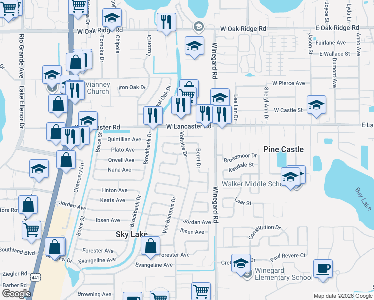 map of restaurants, bars, coffee shops, grocery stores, and more near 6335 Voltaire Drive in Orlando