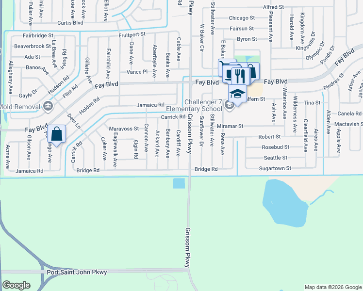 map of restaurants, bars, coffee shops, grocery stores, and more near 6007 Cardiff Avenue in Cocoa