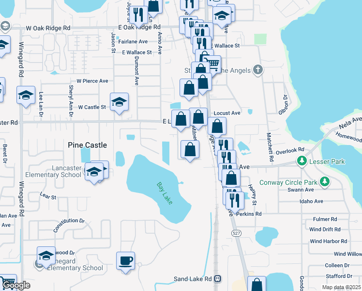 map of restaurants, bars, coffee shops, grocery stores, and more near 6421 Pinecastle Boulevard in Orlando