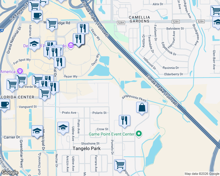 map of restaurants, bars, coffee shops, grocery stores, and more near 7312 Kingspointe Parkway in Orlando