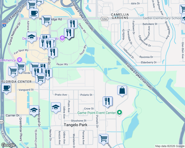 map of restaurants, bars, coffee shops, grocery stores, and more near 7312 Kingspointe Parkway in Orlando