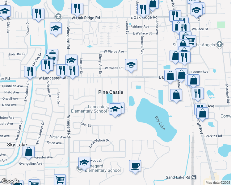 map of restaurants, bars, coffee shops, grocery stores, and more near in Pine Castle