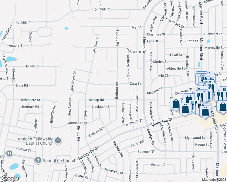 map of restaurants, bars, coffee shops, grocery stores, and more near 10331 Bedford Road in Spring Hill