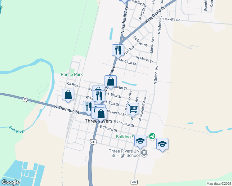 map of restaurants, bars, coffee shops, grocery stores, and more near 206 East Martin Street in Three Rivers