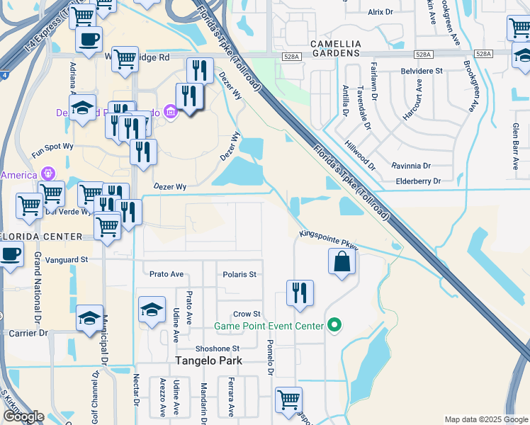 map of restaurants, bars, coffee shops, grocery stores, and more near 7312 Kingspointe Parkway in Orlando