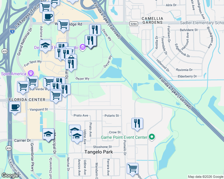 map of restaurants, bars, coffee shops, grocery stores, and more near 4775 Hero Way in Orlando