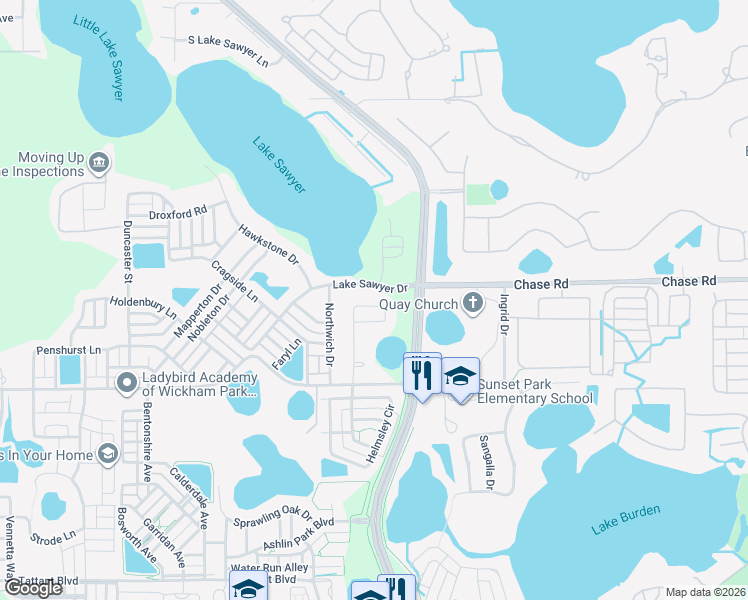 map of restaurants, bars, coffee shops, grocery stores, and more near 12460 Lake Sawyer Drive in Windermere