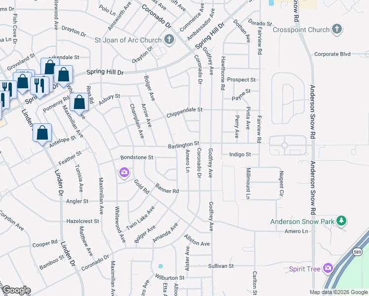 map of restaurants, bars, coffee shops, grocery stores, and more near 14002 Amero Lane in Spring Hill