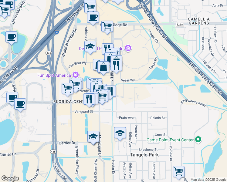 map of restaurants, bars, coffee shops, grocery stores, and more near 5320 International Drive in Orlando
